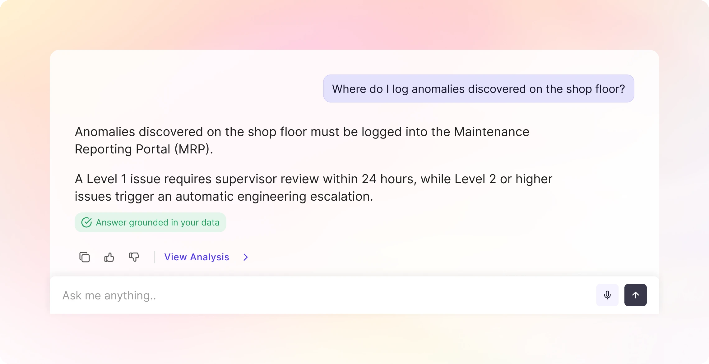 CustomGPT.ai agent explaining where to log shop-floor anomalies, with the answer marked as grounded in your data