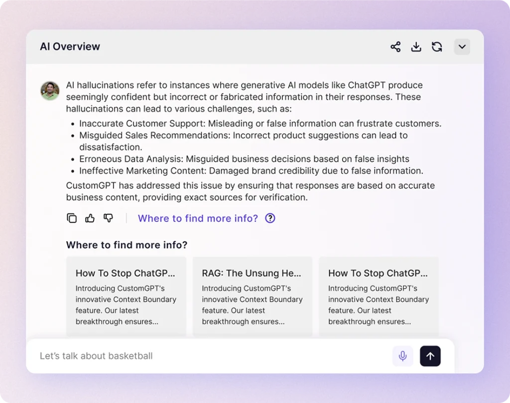 An AI Overview answer about hallucinations, over a “Where to find more info?” strip of the articles it drew on