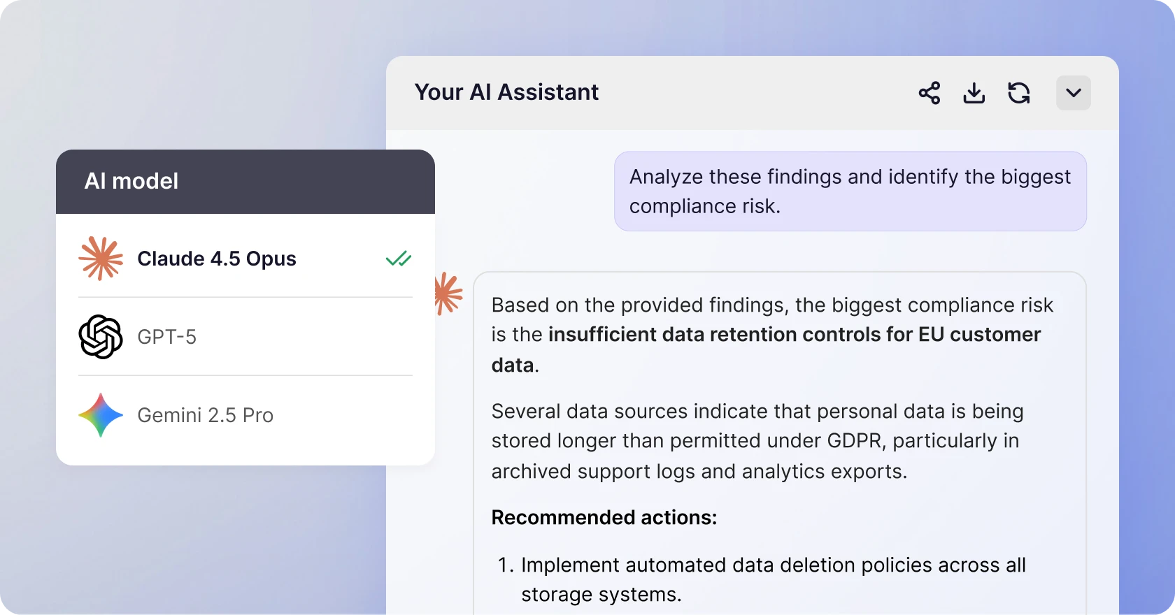 CustomGPT.ai agent answering a compliance question with Claude 4.5 Opus selected in the AI model picker