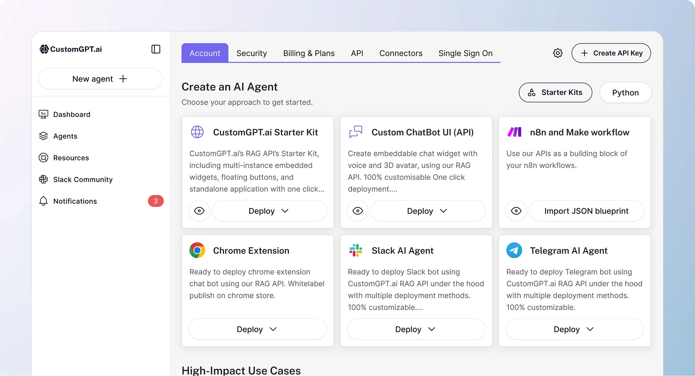 The CustomGPT.ai dashboard's Create an AI Agent screen, with starter kits and one-click deploy options