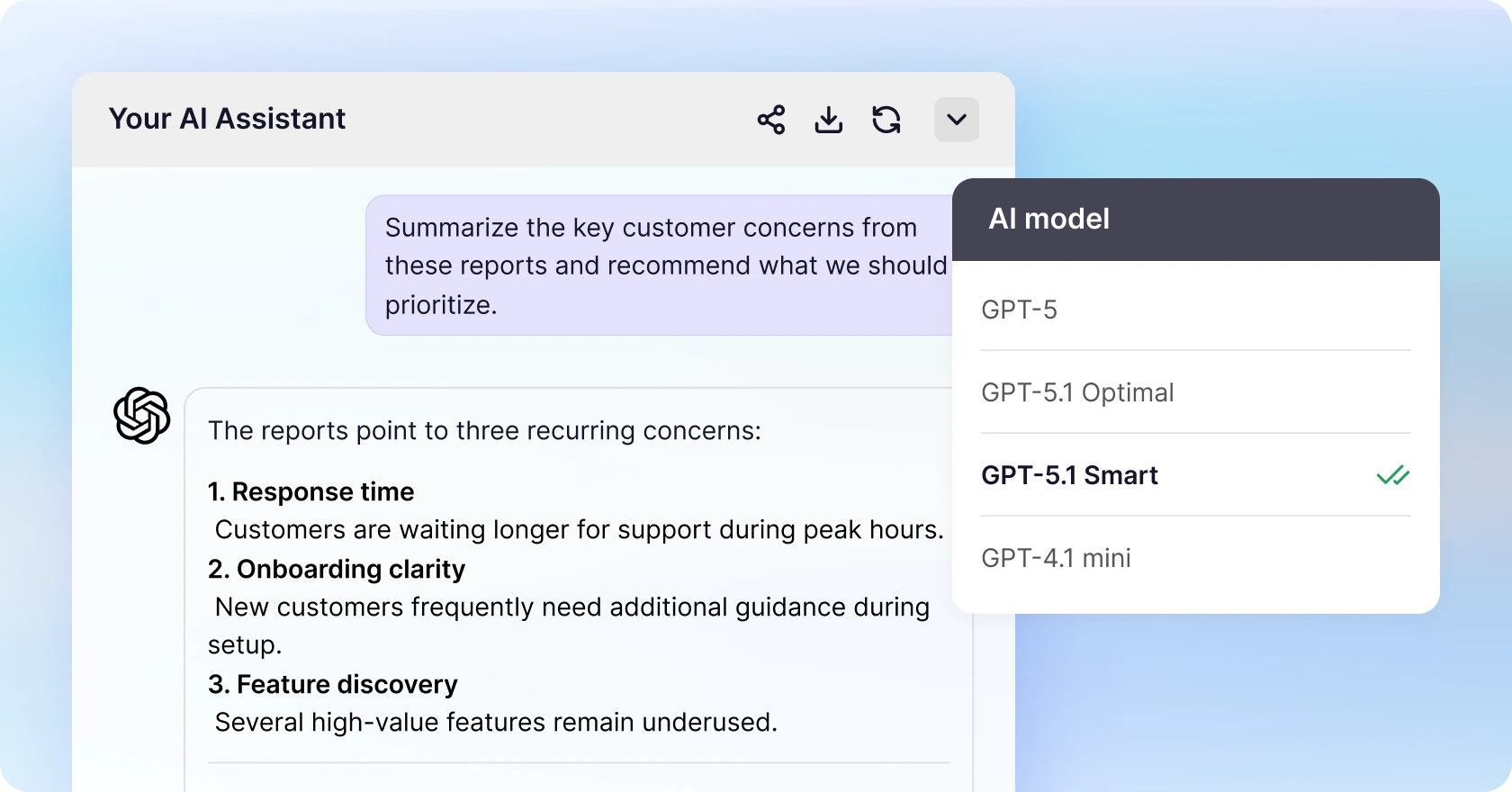 CustomGPT.ai assistant answering a question, with the AI model menu open and GPT-5.1 Smart selected