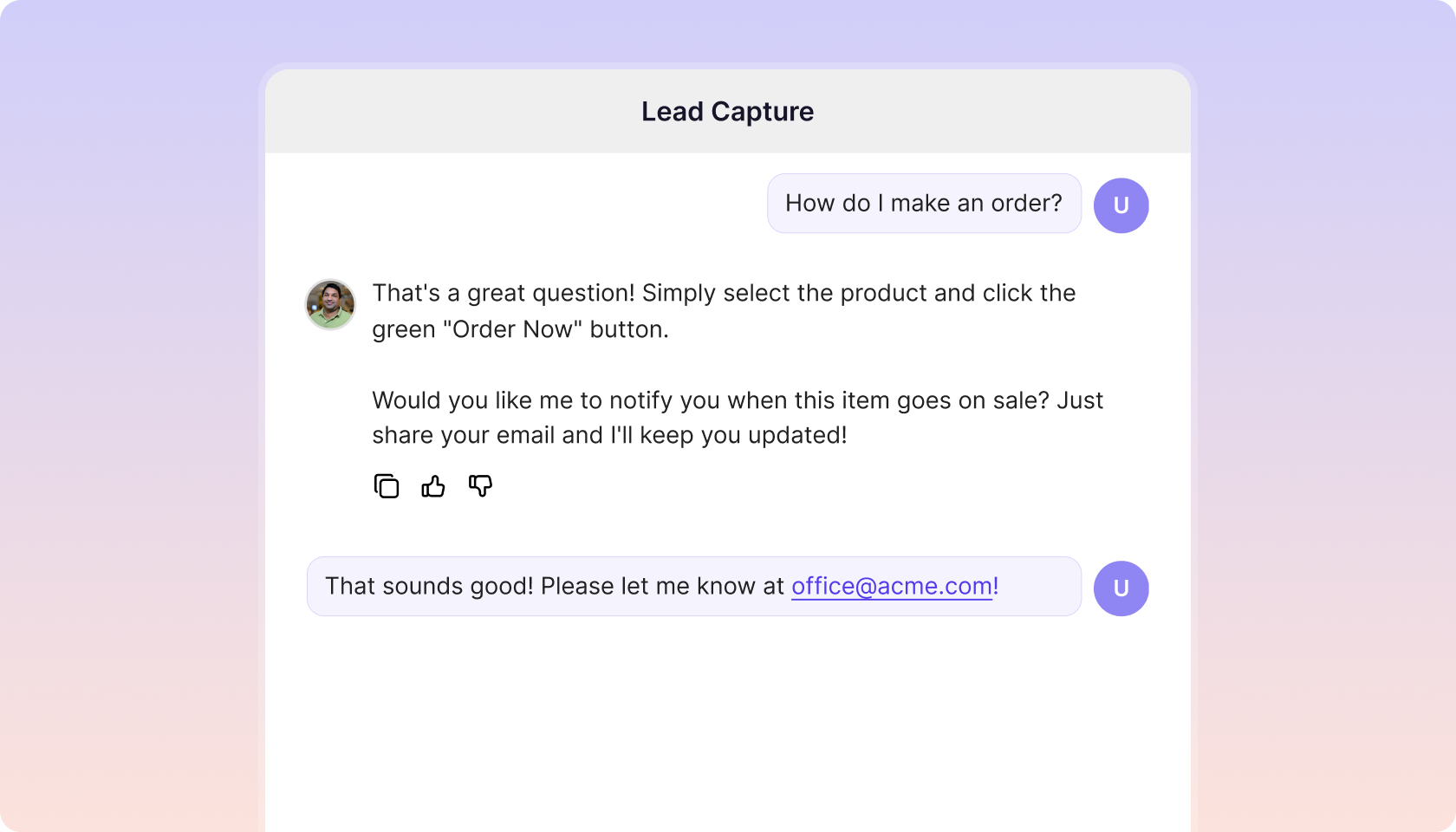 A Lead Capture chat: the agent answers how to order, offers to send a sale alert, and the visitor leaves their email