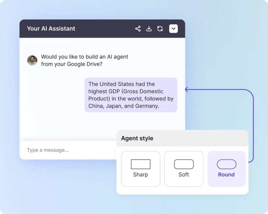 The agent style panel, with sharp, soft and round corners for the chat window