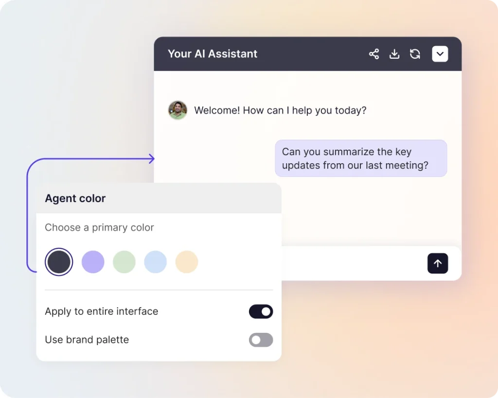 Choosing a primary color for the agent, with the palette applied across the chat window