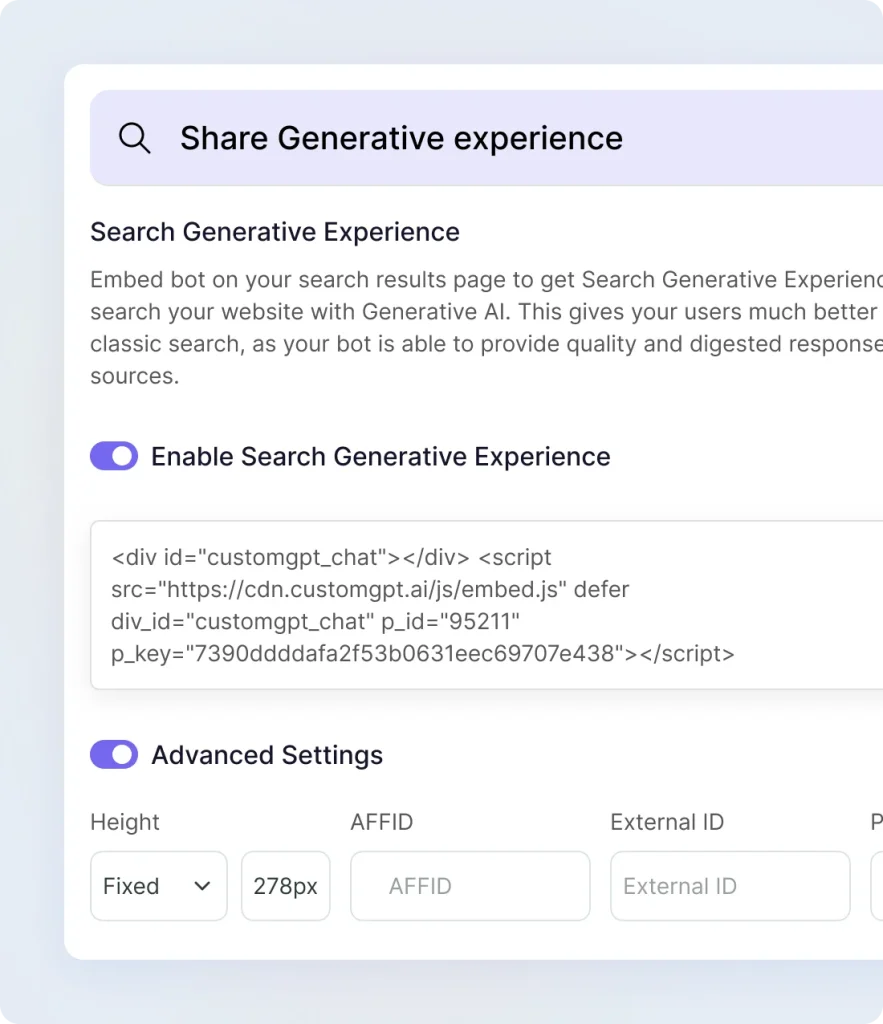 The Search Generative Experience toggle turned on, with the embed snippet to paste into a search results page