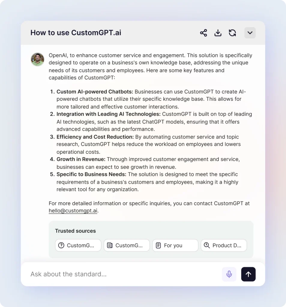 A “How to use CustomGPT.ai” answer listing five capabilities in full, with its trusted sources