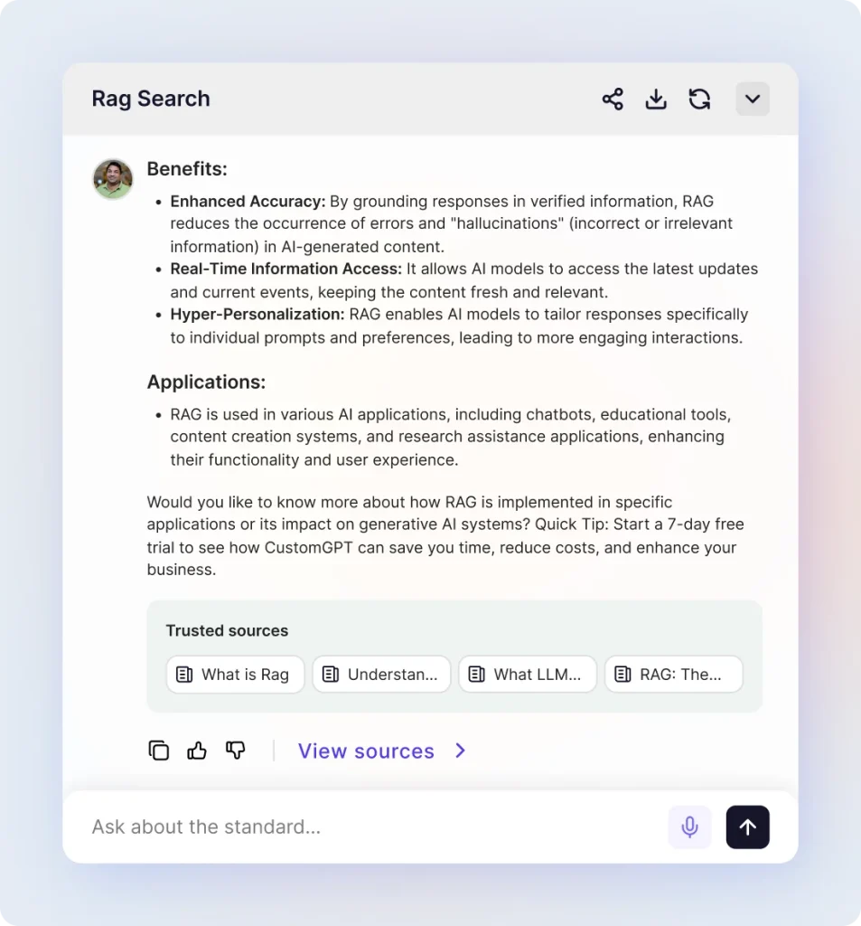 A RAG Search answer explaining retrieval-augmented generation, with a Trusted sources strip under it