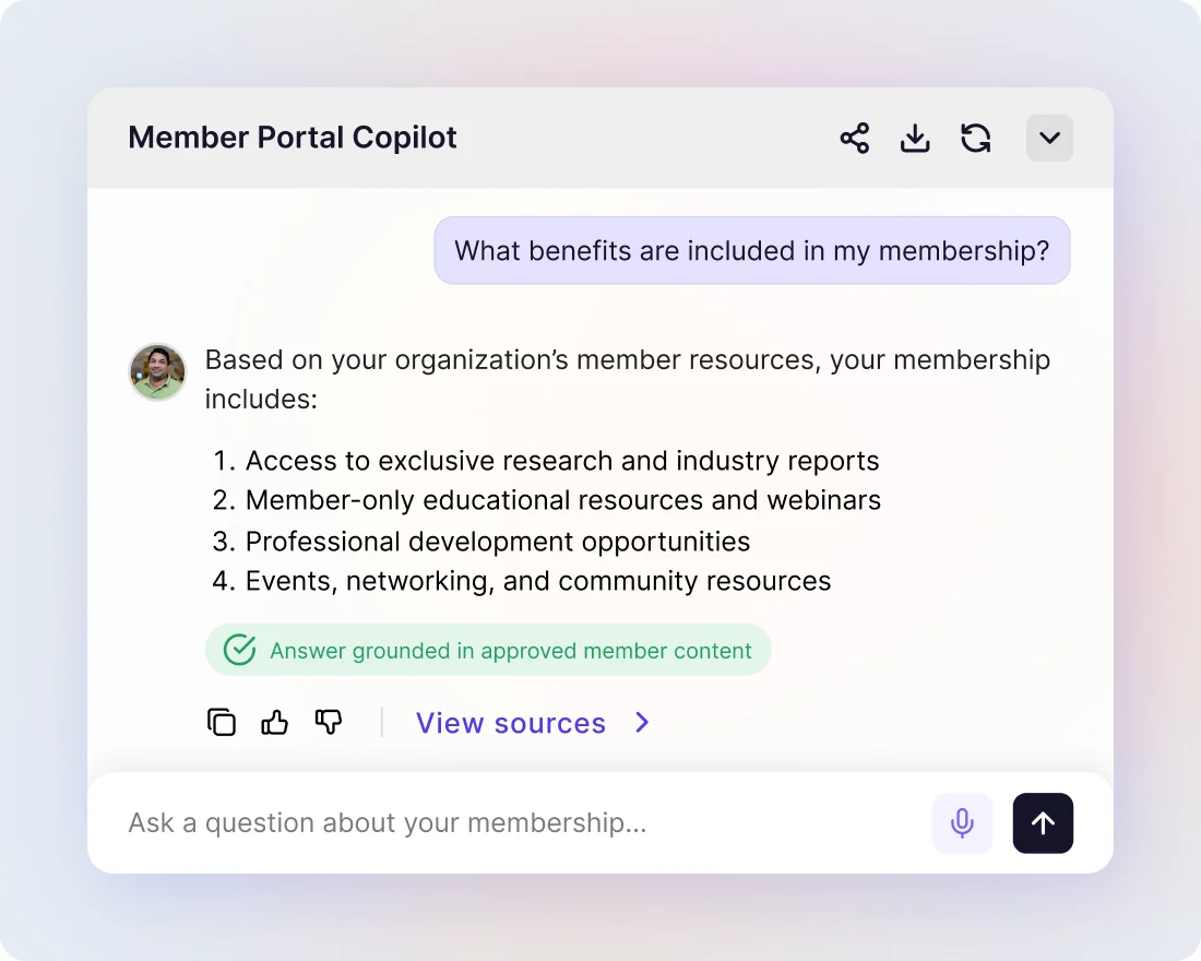 Member Portal Copilot answering “What benefits are included in my membership?” with four benefits, marked as grounded in approved member content, with a link to its sources