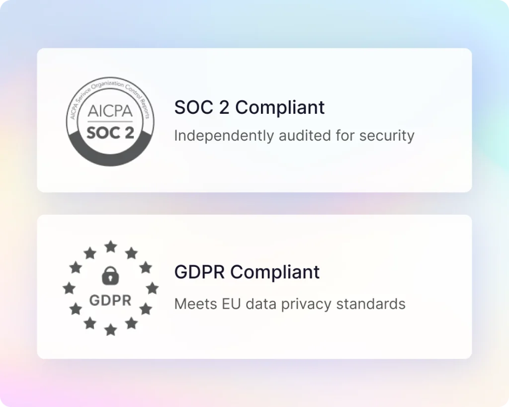 SOC 2 and GDPR compliance marks with a line of explanation under each.