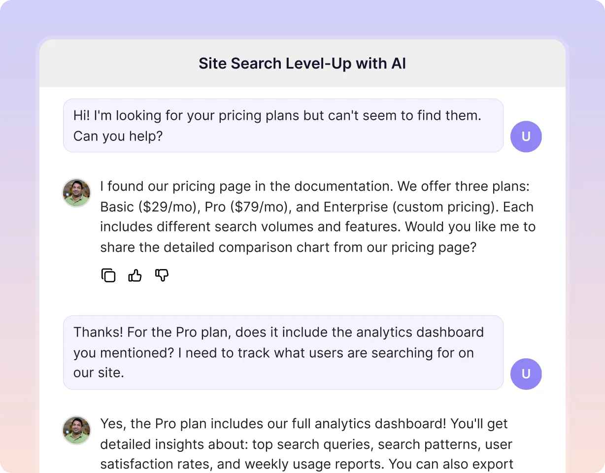 A site-search agent answering a pricing question and pointing to the analytics dashboard.