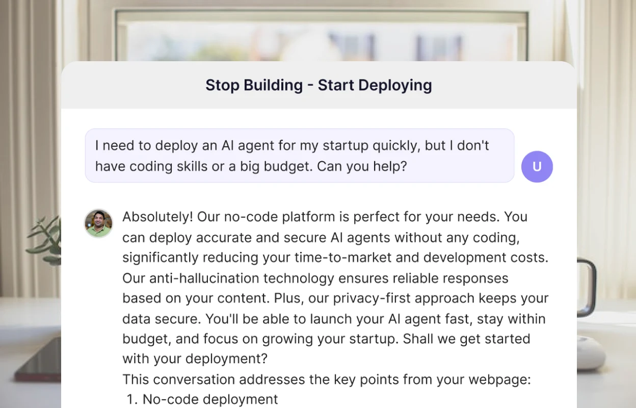 A startup founder asking how to deploy an AI agent without coding or a big budget, and the assistant answering with a no-code plan.