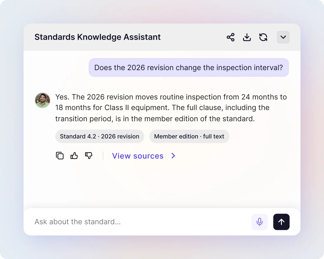 A standards knowledge assistant answering whether the 2026 revision changes the inspection interval, citing Standard 4.2 in the member edition