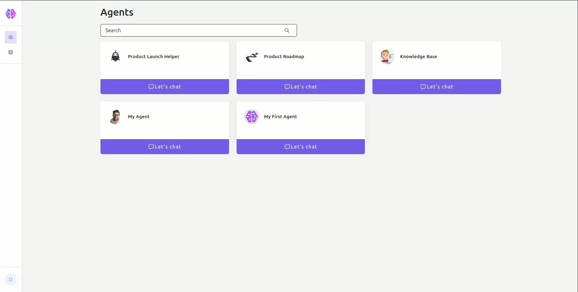 A chat-only team member's view: the agents they can talk to, each with a Let's chat button