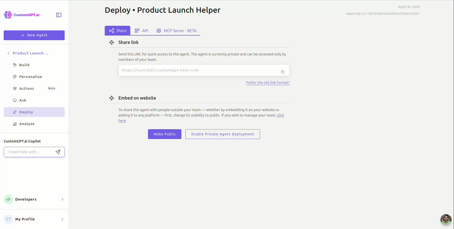 The agent's Deploy screen in CustomGPT.ai, with Make Public beside Enable Private Agent Deployment