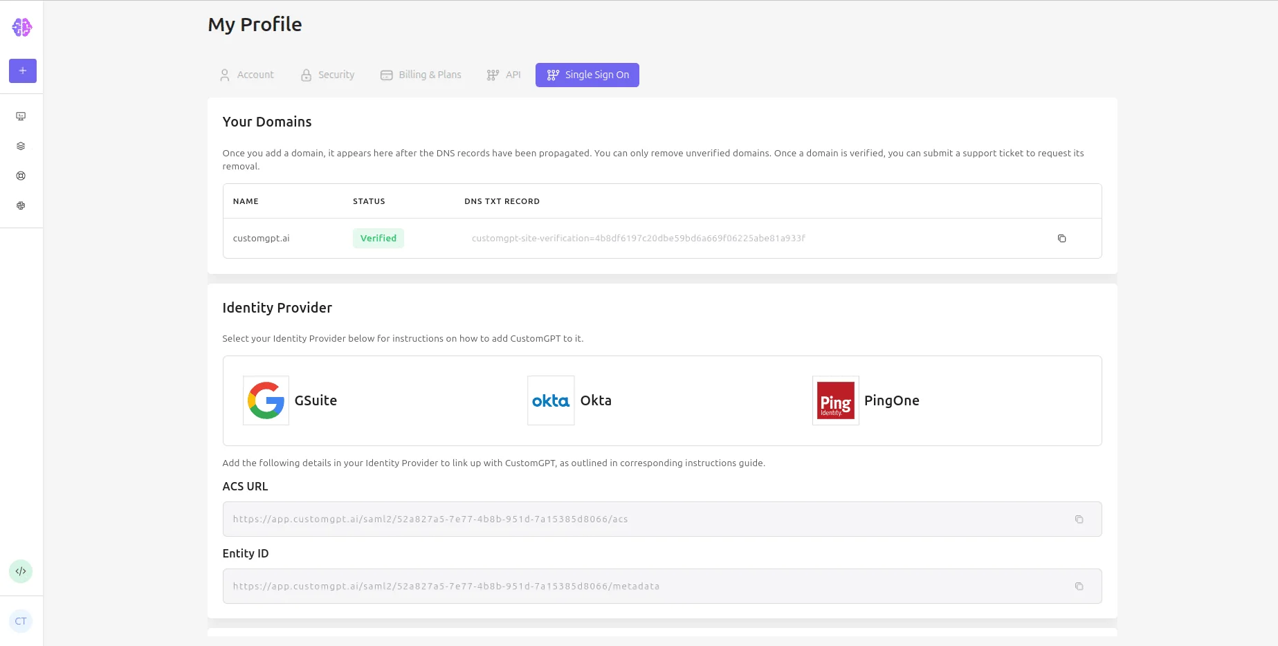 The Single Sign-On settings in CustomGPT.ai: a verified domain and a choice of identity provider — GSuite, Okta or PingOne