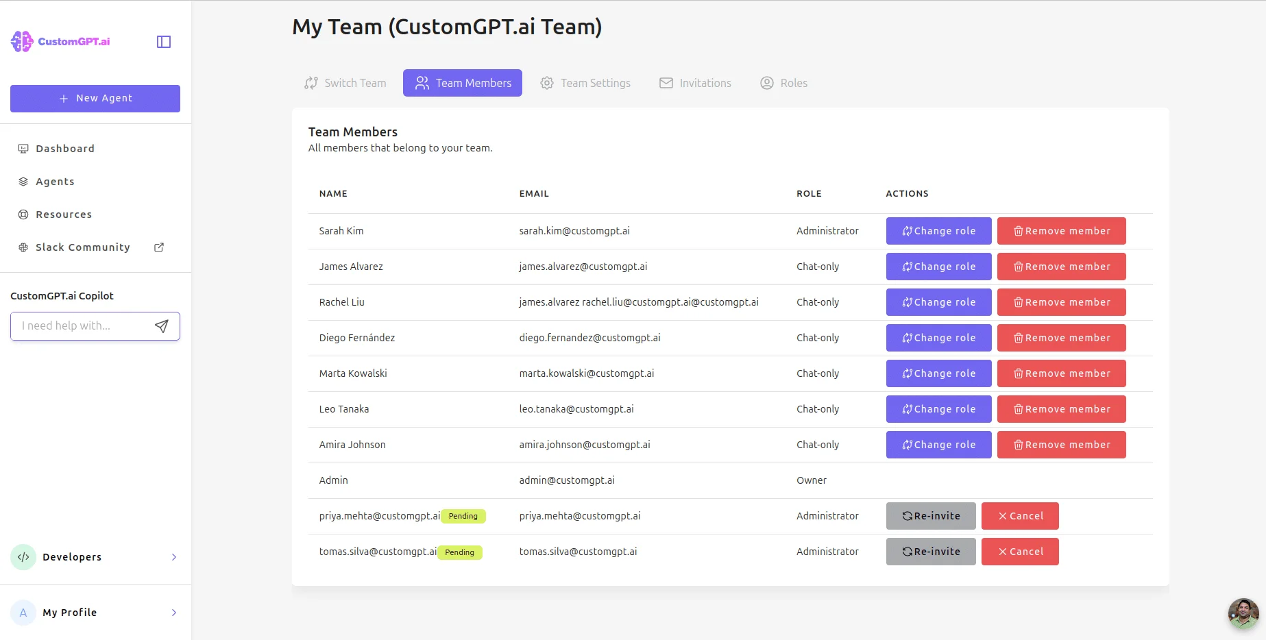 The My Team screen in CustomGPT.ai, listing team members with their roles — Administrator, Chat-only, Owner — and actions to change or remove them