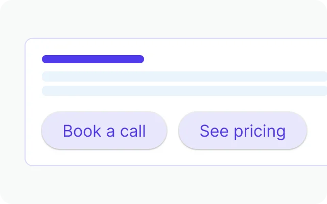 Branded buttons in an agent reply — “Book a call” and “See pricing”.