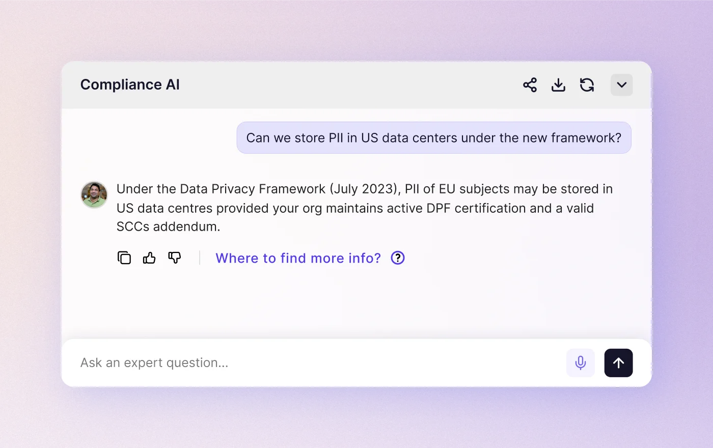 A Compliance AI agent answering whether PII may be stored in US data centres under the Data Privacy Framework.