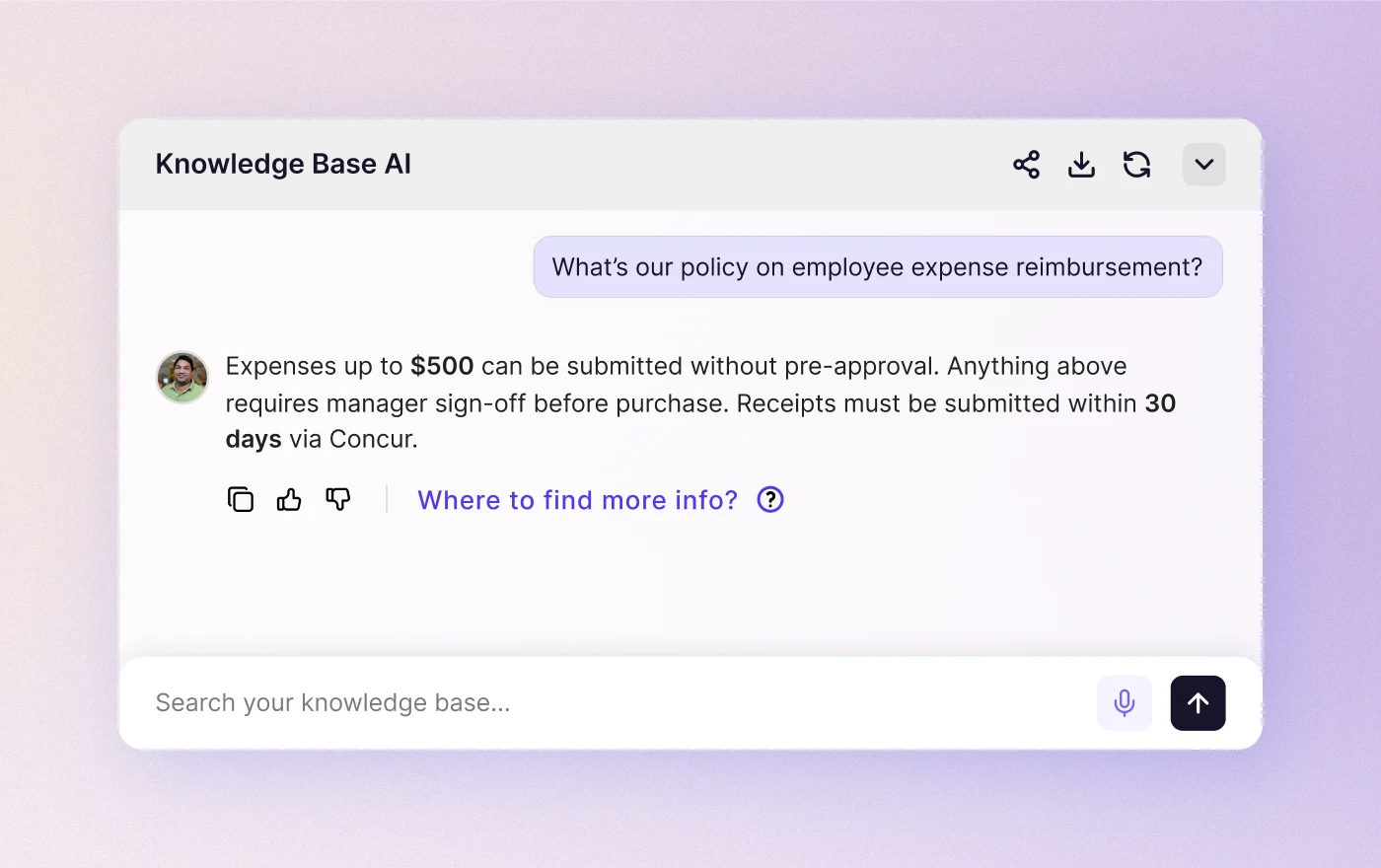 A Knowledge Base AI agent answering an expense-reimbursement question from the company’s own policy.