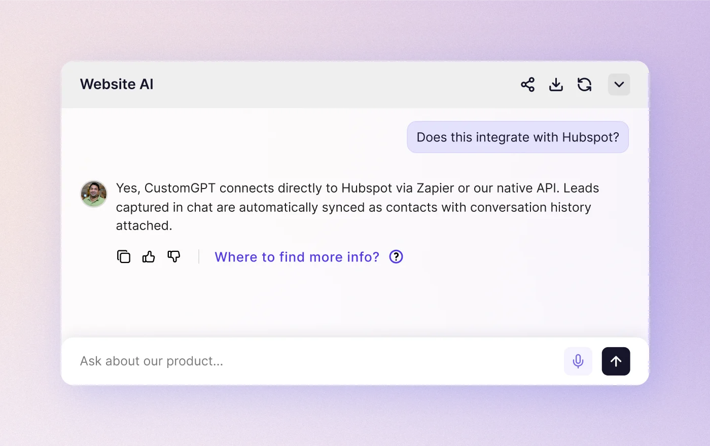 A Website AI agent answering whether the product integrates with HubSpot, explaining the Zapier and API options.