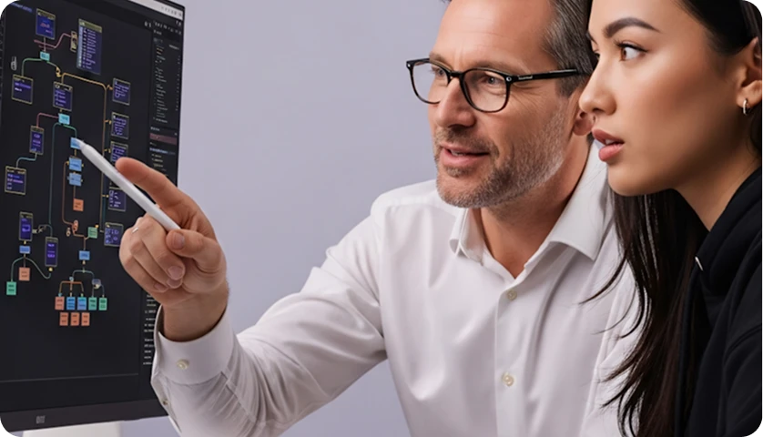 Two people studying a workflow diagram on a large screen