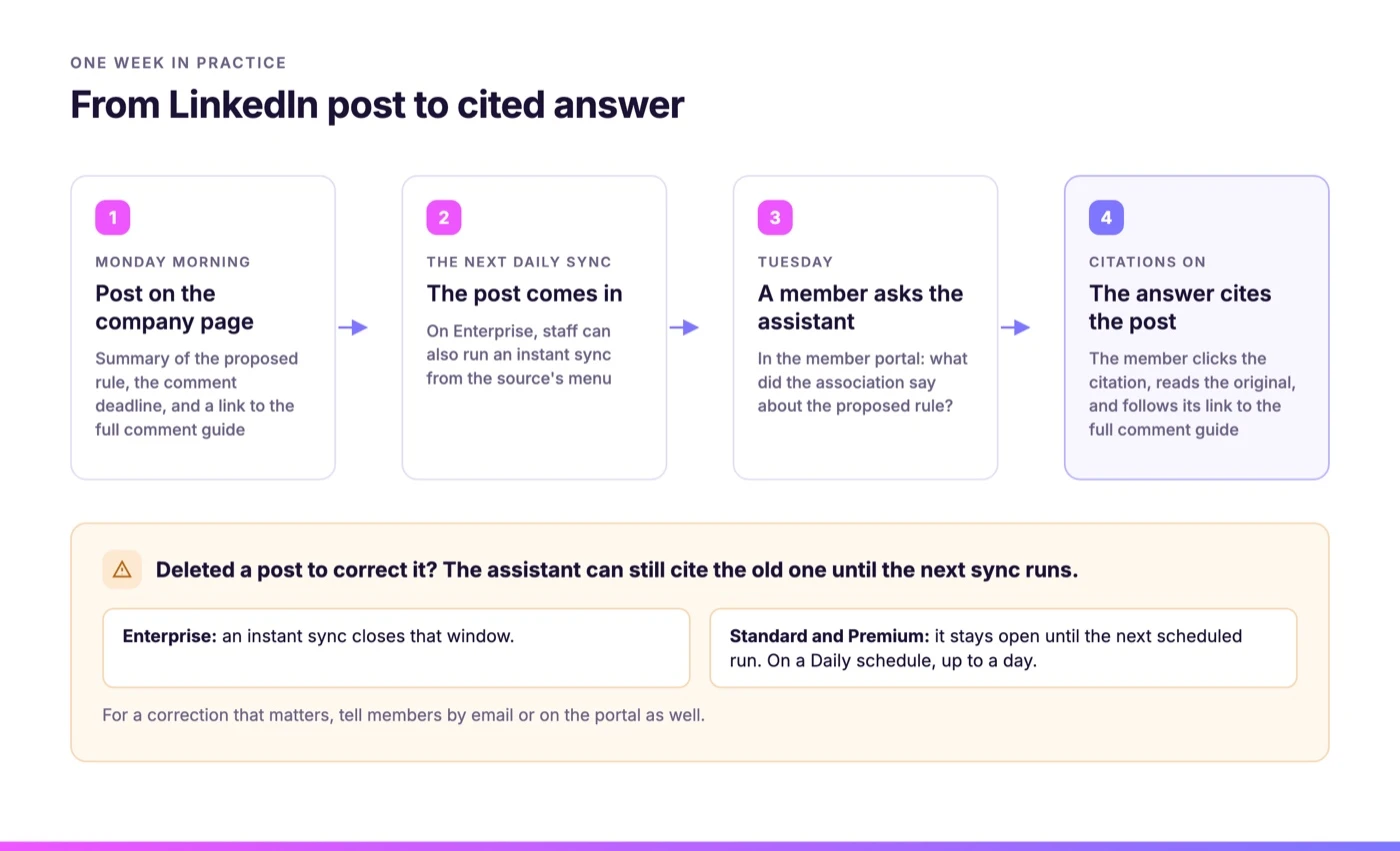 Flow from LinkedIn post to cited answer: Monday morning the communications lead posts on the company page, the next daily sync brings the post in, on Tuesday a member asks the assistant in the member portal, and with citations on the answer cites the post and links to the full comment guide. If you delete a post to correct it, the assistant can still cite the old one until the next sync runs: an instant sync closes that window on Enterprise, and on Standard and Premium it stays open until the next scheduled run.