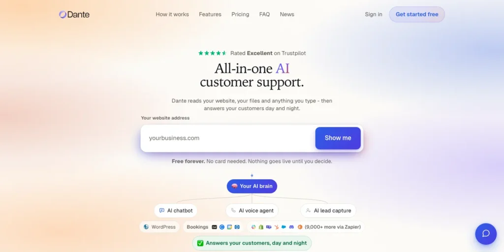 The Dante AI homepage: "All-in-one AI customer support", with a website address box and its AI chatbot, voice agent and lead capture features.
