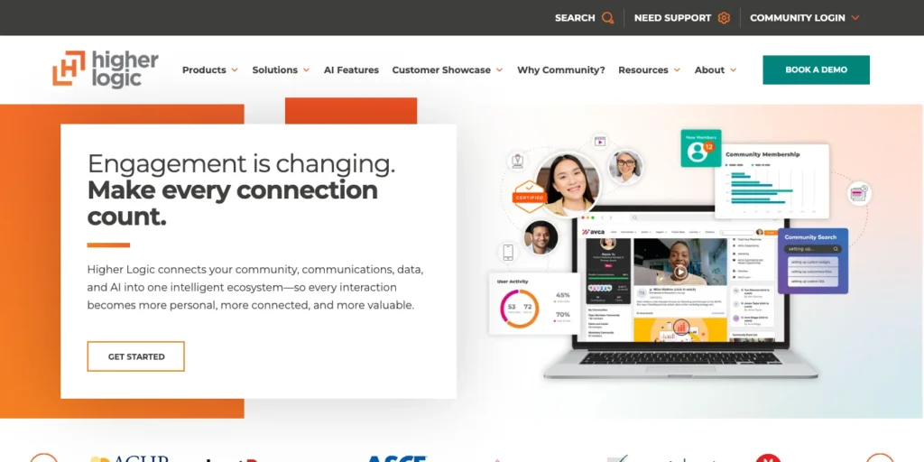 The Higher Logic homepage: "Engagement is changing. Make every connection count.", with a Get started button and a community dashboard.