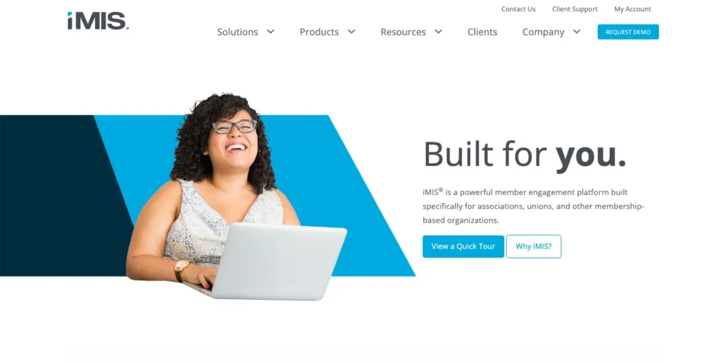 The iMIS homepage: "Built for you.", describing iMIS as a member engagement platform built for associations, unions and membership organizations.