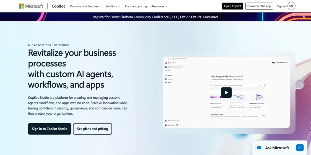 The Microsoft Copilot Studio page: "Revitalize your business processes with custom AI agents, workflows, and apps", with a preview of the Copilot Studio app.