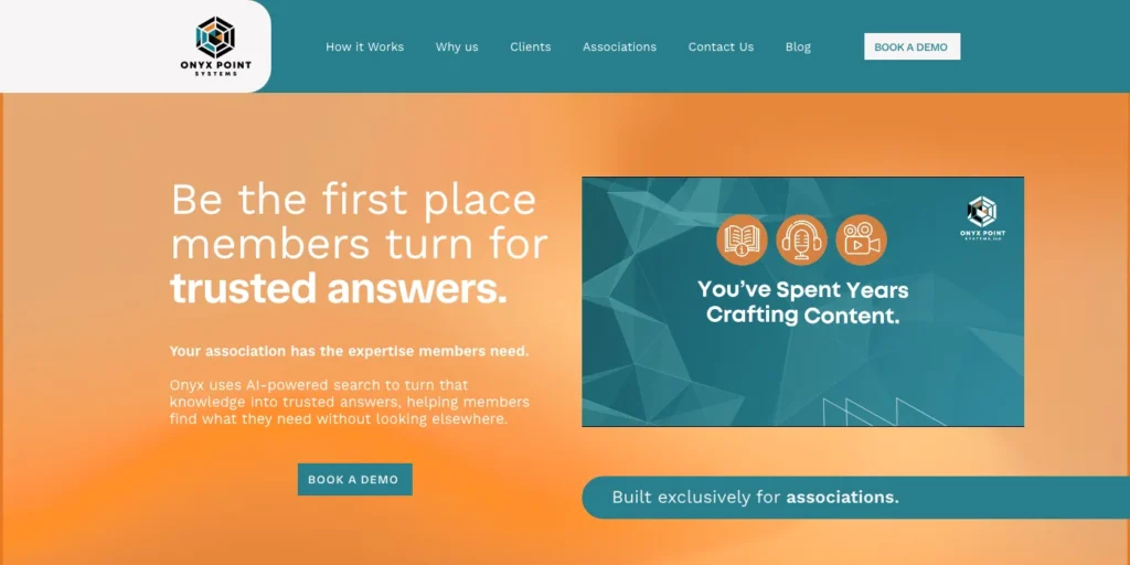 The Onyx Point Systems homepage: "Be the first place members turn for trusted answers", with a Book a Demo button and the line "Built exclusively for associations."