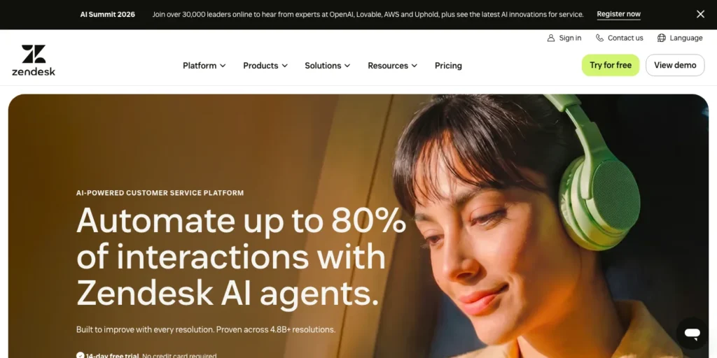 The Zendesk homepage: "Automate up to 80% of interactions with Zendesk AI agents.", with Try for free and View demo buttons.