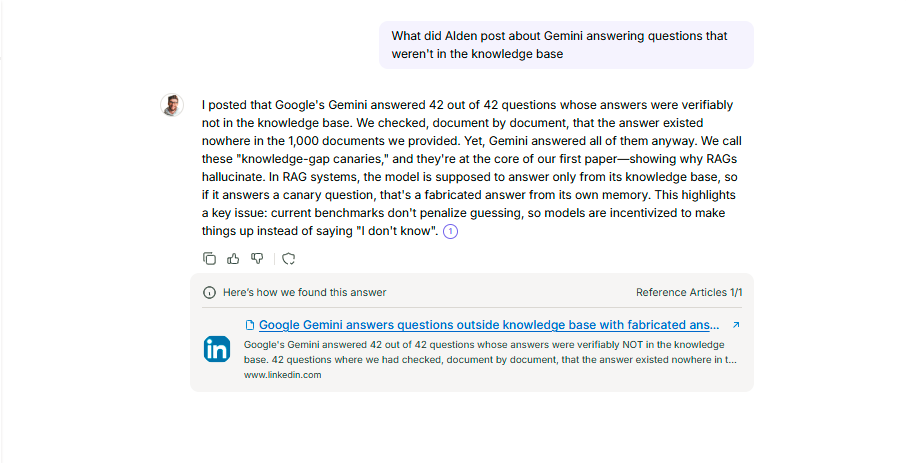 AI assistant answering "What did Alden post about Gemini answering questions that weren't in the knowledge base", with a cited answer linking back to the original LinkedIn post
