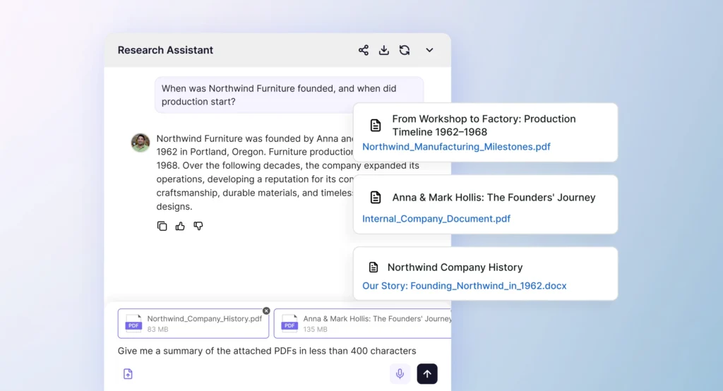 A Research Assistant agent answering when Northwind Furniture was founded, with the three source documents it cited shown beside the answer.